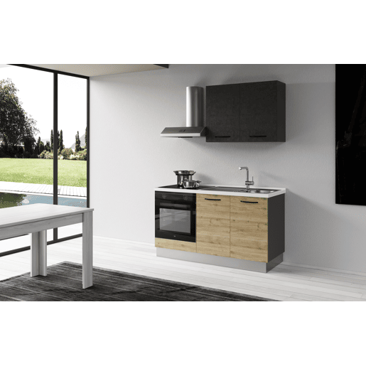 Cozinha com eletrodomésticos GILDA 2.0 150cm direita cinza escuro e madeira