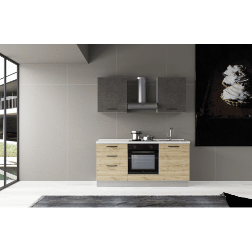 Cozinha com eletrodomésticos GILDA 2.0 180cm direita cinza escuro e madeira