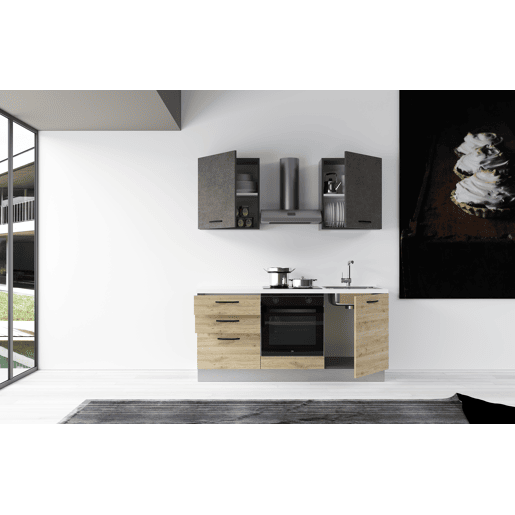 Cozinha com eletrodomésticos GILDA 2.0 180cm direita cinza escuro e madeira