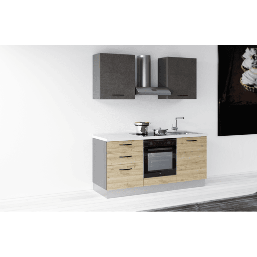 Cozinha com eletrodomésticos GILDA 2.0 180cm direita cinza escuro e madeira