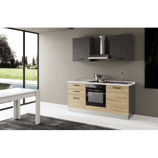 Cozinha com eletrodomésticos GILDA 2.0 180cm direita cinza escuro e madeira