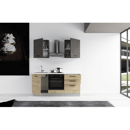 Cozinha com eletrodomésticos GILDA 2.0 180cm esquerda cinza escuro e madeira
