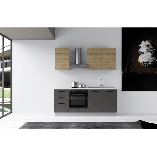 Cozinha com eletrodomésticos GILDA 2.0 195cm direita madeira e cinza escuro