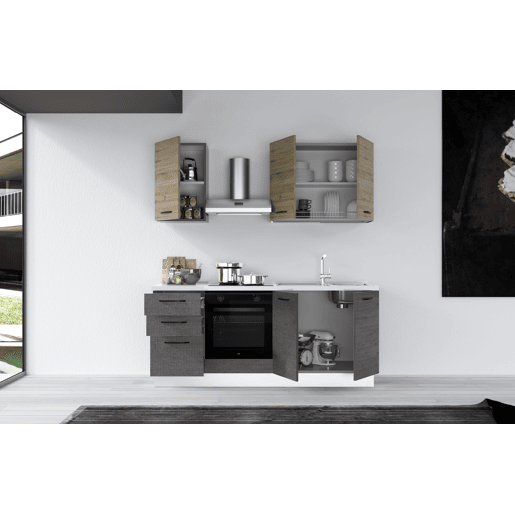 Cozinha com eletrodomésticos GILDA 2.0 195cm direita madeira e cinza escuro
