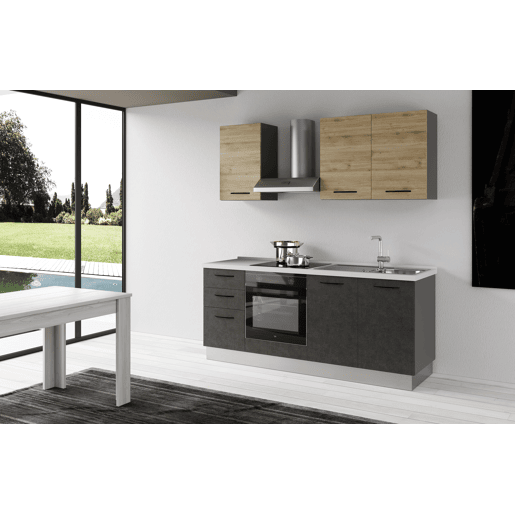 Cozinha com eletrodomésticos GILDA 2.0 195cm direita madeira e cinza escuro