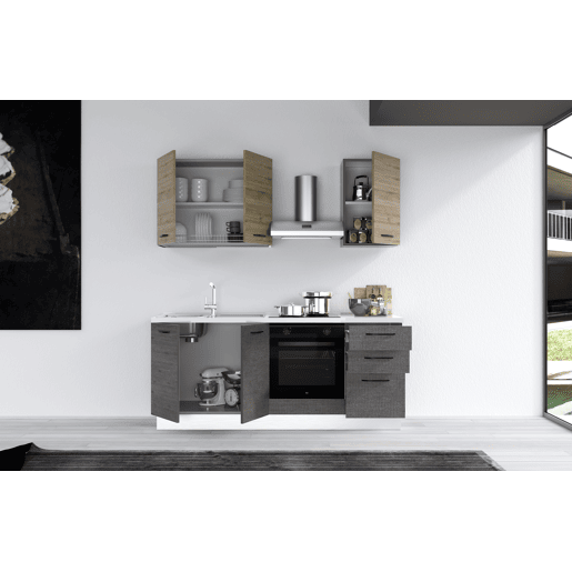 Cozinha com eletrodomésticos GILDA 2.0 195cm esquerda madeira e cinza escuro