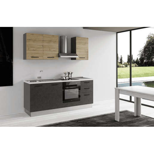 Cozinha com eletrodomésticos GILDA 2.0 195cm esquerda madeira e cinza escuro