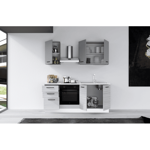 Cozinha com eletrodomésticos GILDA 2.0 195cm direita cinza claro e madeira cinza