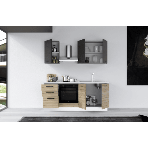 Cozinha com eletrodomésticos GILDA 2.0 195cm direita cinza escuro e madeira
