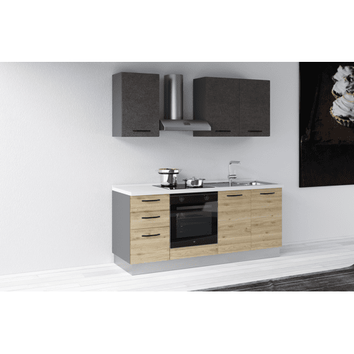 Cozinha com eletrodomésticos GILDA 2.0 195cm direita cinza escuro e madeira