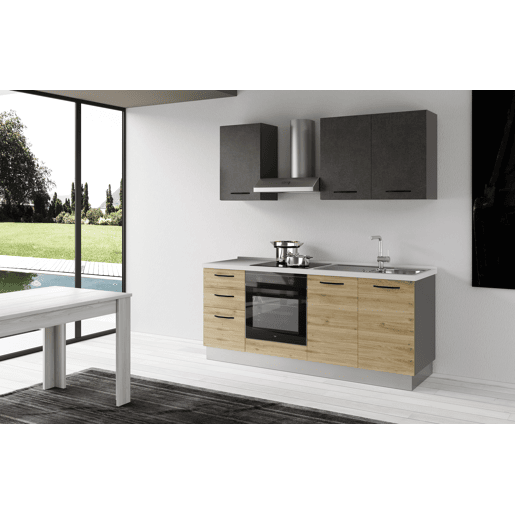 Cozinha com eletrodomésticos GILDA 2.0 195cm direita cinza escuro e madeira