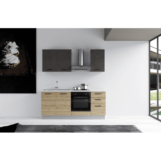 Cozinha com eletrodomésticos GILDA 2.0 195cm esquerda cinza escuro e madeira