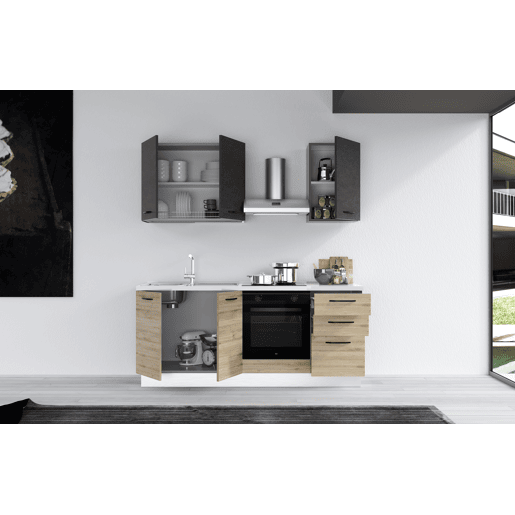 Cozinha com eletrodomésticos GILDA 2.0 195cm esquerda cinza escuro e madeira