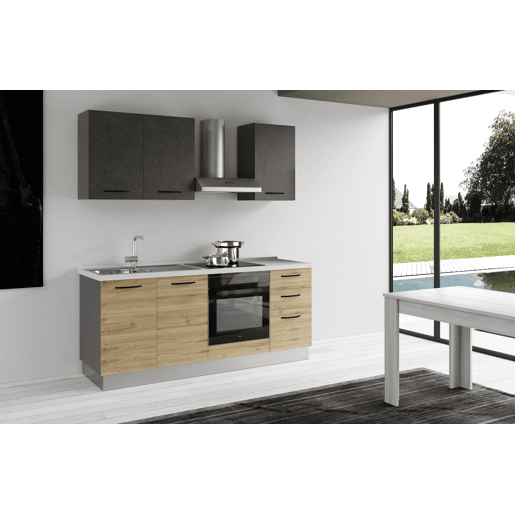 Cozinha com eletrodomésticos GILDA 2.0 195cm esquerda cinza escuro e madeira