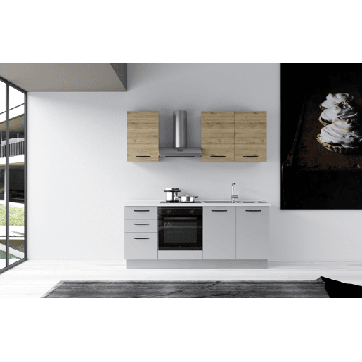 Cozinha com eletrodomésticos GILDA 2.0 195cm direita madeira e cinza claro