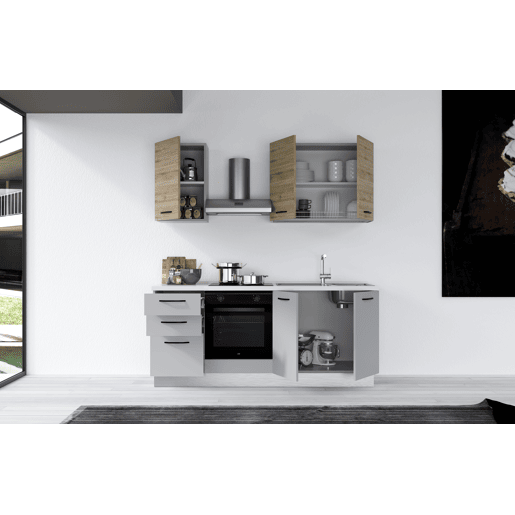 Cozinha com eletrodomésticos GILDA 2.0 195cm direita madeira e cinza claro