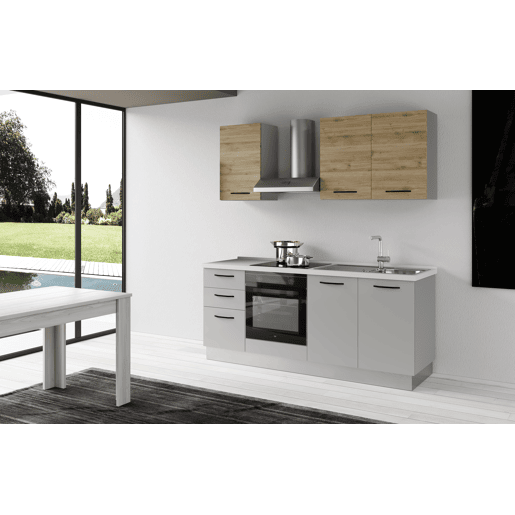 Cozinha com eletrodomésticos GILDA 2.0 195cm direita madeira e cinza claro