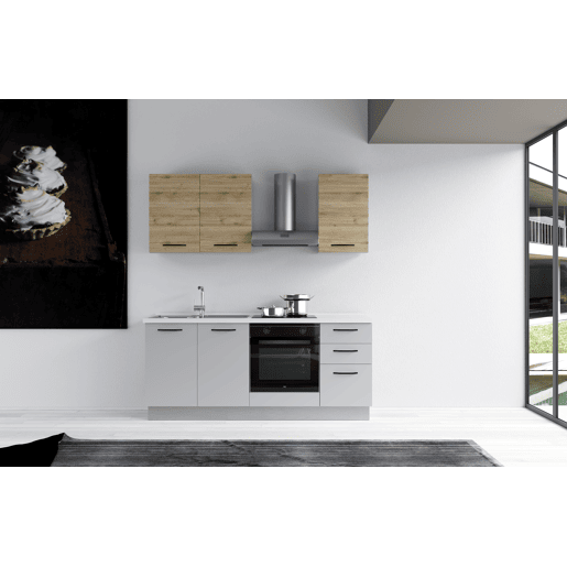 Cozinha com eletrodomésticos GILDA 2.0 195cm esquerda madeira e cinza claro