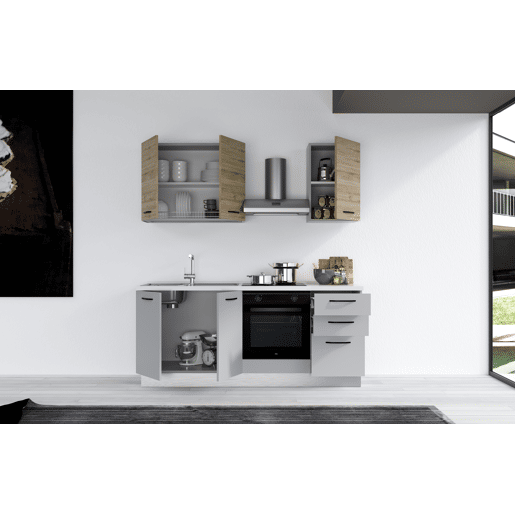 Cozinha com eletrodomésticos GILDA 2.0 195cm esquerda madeira e cinza claro
