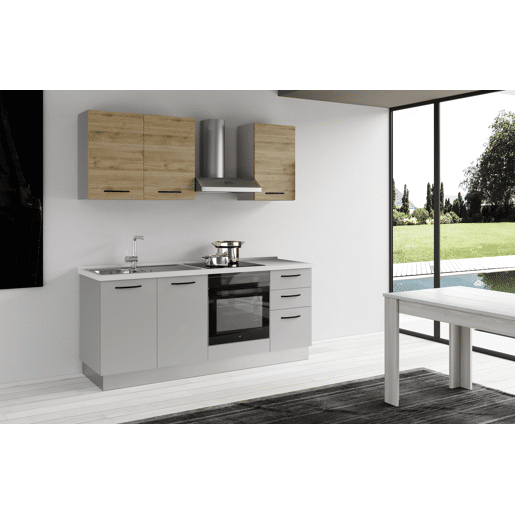 Cozinha com eletrodomésticos GILDA 2.0 195cm esquerda madeira e cinza claro