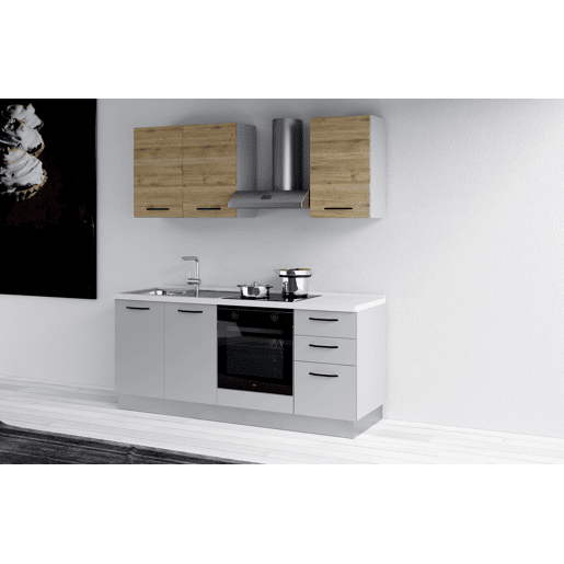Cozinha com eletrodomésticos GILDA 2.0 195cm esquerda madeira e cinza claro