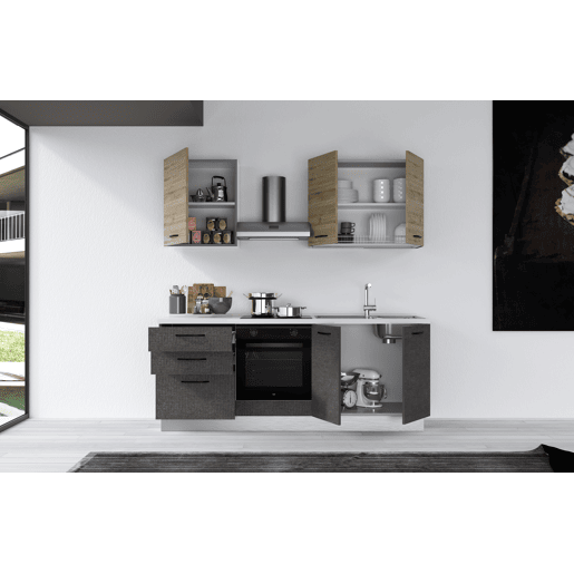 Cozinha com eletrodomésticos GILDA 2.0 210cm direita madeira e cinza escuro