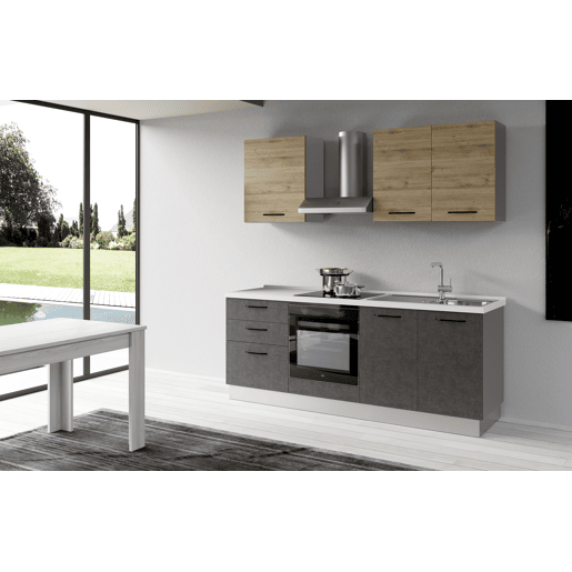 Cozinha com eletrodomésticos GILDA 2.0 210cm direita madeira e cinza escuro