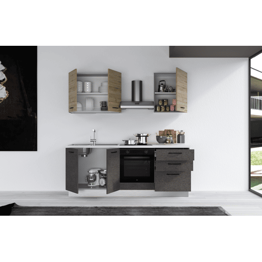 Cozinha com eletrodomésticos GILDA 2.0 210cm esquerda madeira e cinza escuro