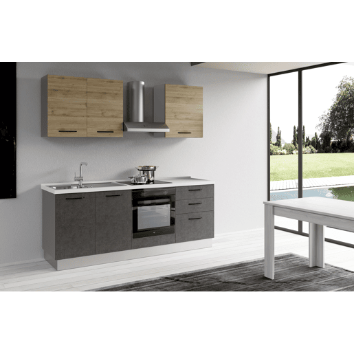 Cozinha com eletrodomésticos GILDA 2.0 210cm esquerda madeira e cinza escuro