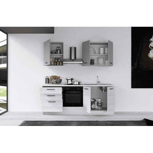 Cozinha com eletrodomésticos GILDA 2.0 210cm direita cinza claro e madeira cinza