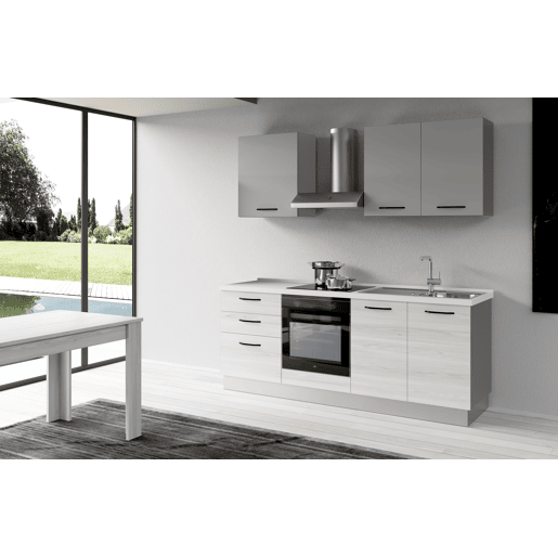 Cozinha com eletrodomésticos GILDA 2.0 210cm direita cinza claro e madeira cinza