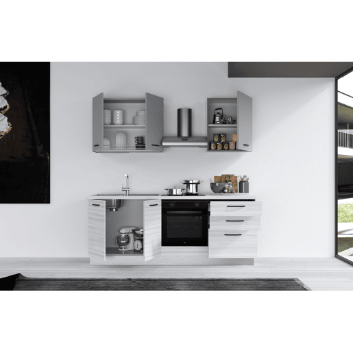 Cozinha com eletrodomésticos GILDA 2.0 210cm esquerda cinza claro e madeira cinza