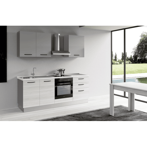 Cozinha com eletrodomésticos GILDA 2.0 210cm esquerda cinza claro e madeira cinza