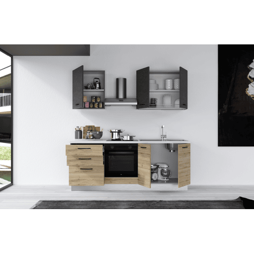 Cozinha com eletrodomésticos GILDA 2.0 210cm direita cinza escuro e madeira