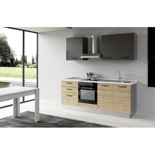 Cozinha com eletrodomésticos GILDA 2.0 210cm direita cinza escuro e madeira