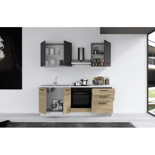 Cozinha com eletrodomésticos GILDA 2.0 210cm esquerda cinza escuro e madeira Cozinha com eletrodomésticos GILDA 2.0 210cm esquerda cinza escuro e madeira
