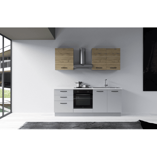 Cozinha com eletrodomésticos GILDA 2.0 210cm direita madeira e cinza claro