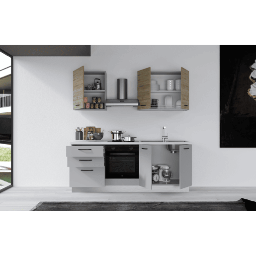 Cozinha com eletrodomésticos GILDA 2.0 210cm direita madeira e cinza claro
