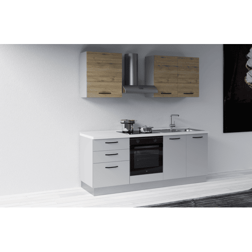 Cozinha com eletrodomésticos GILDA 2.0 210cm direita madeira e cinza claro
