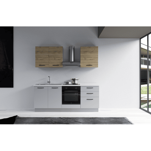 Cozinha com eletrodomésticos GILDA 2.0 210cm esquerda madeira e cinza claro