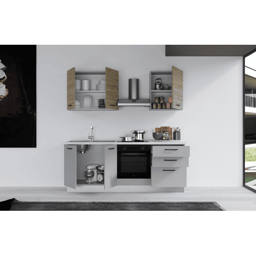 Cozinha com eletrodomésticos GILDA 2.0 210cm esquerda madeira e cinza claro