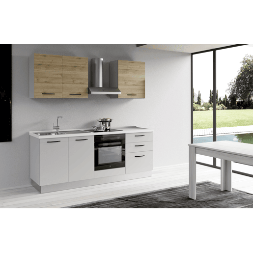 Cozinha com eletrodomésticos GILDA 2.0 210cm esquerda madeira e cinza claro