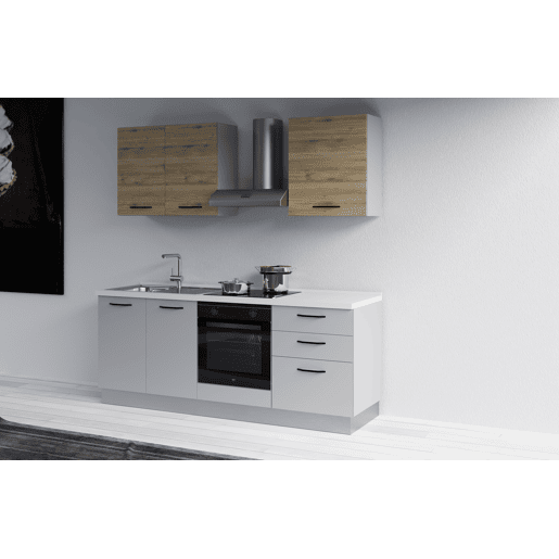 Cozinha com eletrodomésticos GILDA 2.0 210cm esquerda madeira e cinza claro