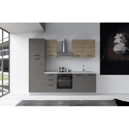 Cozinha com eletrodomésticos GILDA 2.0 255cm direita madeira e cinza escuro