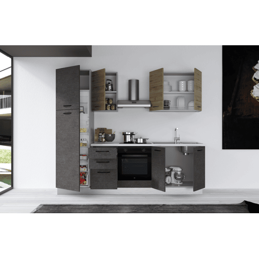 Cozinha com eletrodomésticos GILDA 2.0 255cm direita madeira e cinza escuro