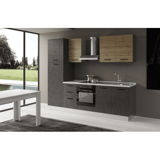 Cozinha com eletrodomésticos GILDA 2.0 255cm direita madeira e cinza escuro