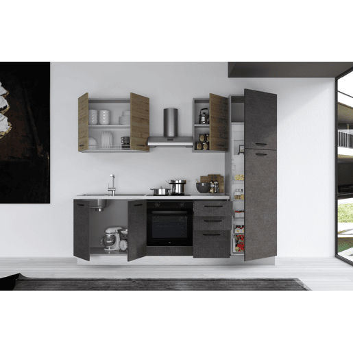 Cozinha com eletrodomésticos GILDA 2.0 255cm esquerda madeira e cinza escuro Cozinha com eletrodomésticos GILDA 2.0 255cm esquerda madeira e cinza escuro