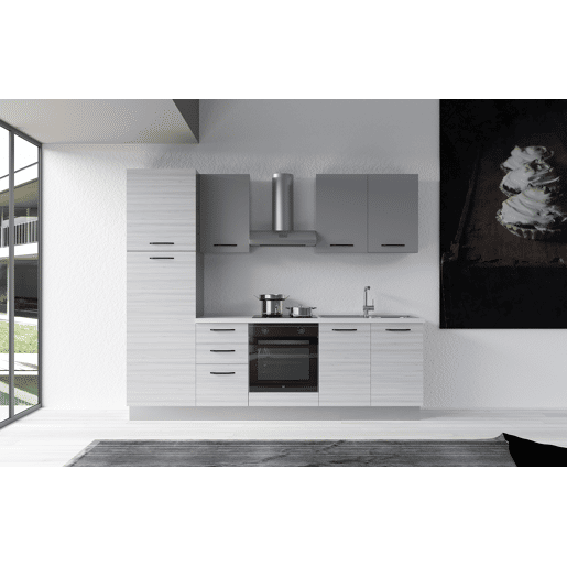 Cozinha com eletrodomésticos GILDA 2.0 255cm direita cinza claro e madeira cinza