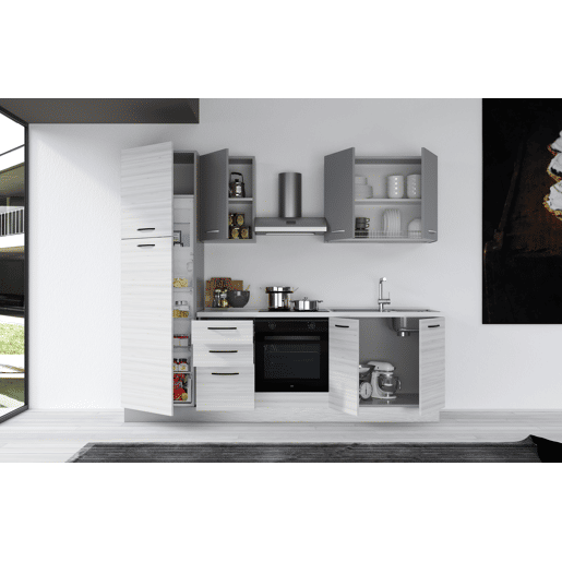 Cozinha com eletrodomésticos GILDA 2.0 255cm direita cinza claro e madeira cinza