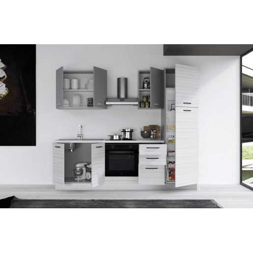 Cozinha com eletrodomésticos GILDA 2.0 255cm esquerda cinza claro e madeira cinza